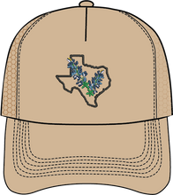 Load image into Gallery viewer, TEXAS OUTLINE WITH BLUEBONNETS HAT