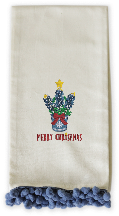 BLUEBONNET POTTERY - BLUE POM TOWEL EMB