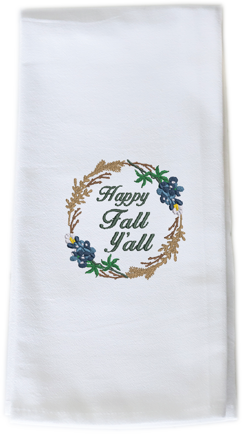 FALL BLUEBONNET WREATH - TEA TOWEL EMB