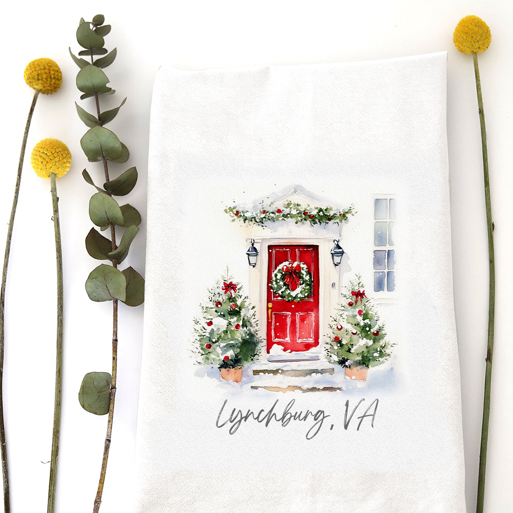 RED CHRISTMAS DOOR (custom) - TEA TOWEL
