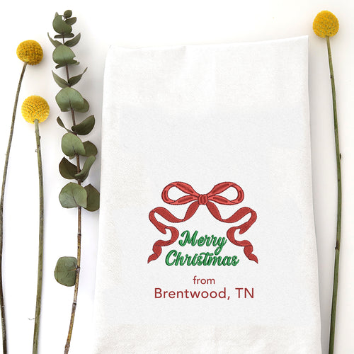 MERRY CHRISTMAS RIBBON (custom) - TEA TOWEL EMB