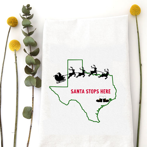 SANTA STOPS HERE (custom) - TEA TOWEL