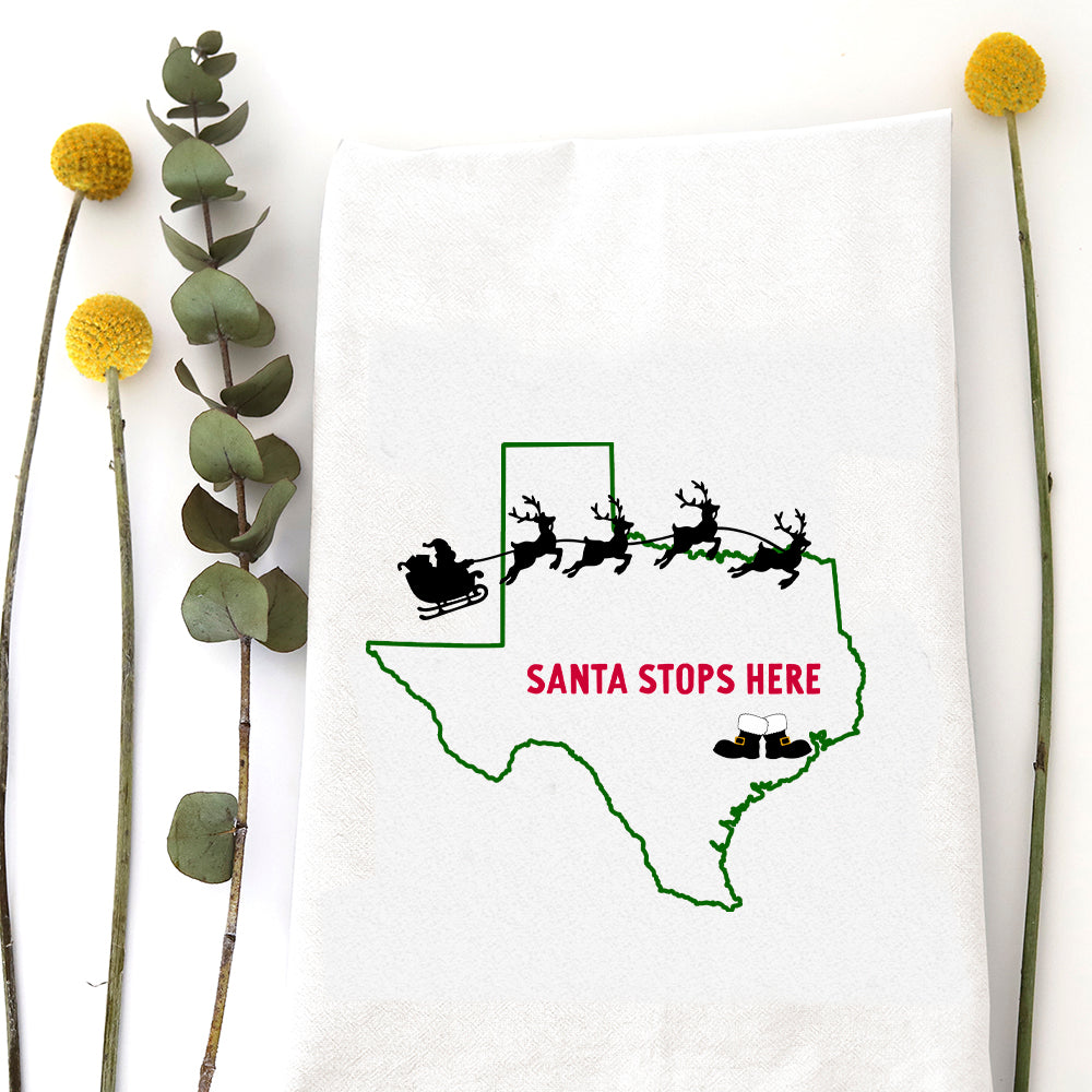 SANTA STOPS HERE (custom) - TEA TOWEL