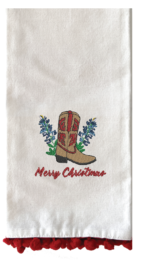 CHRISTMAS BLUEBONNET BOOT - RED POM TOWEL EMB