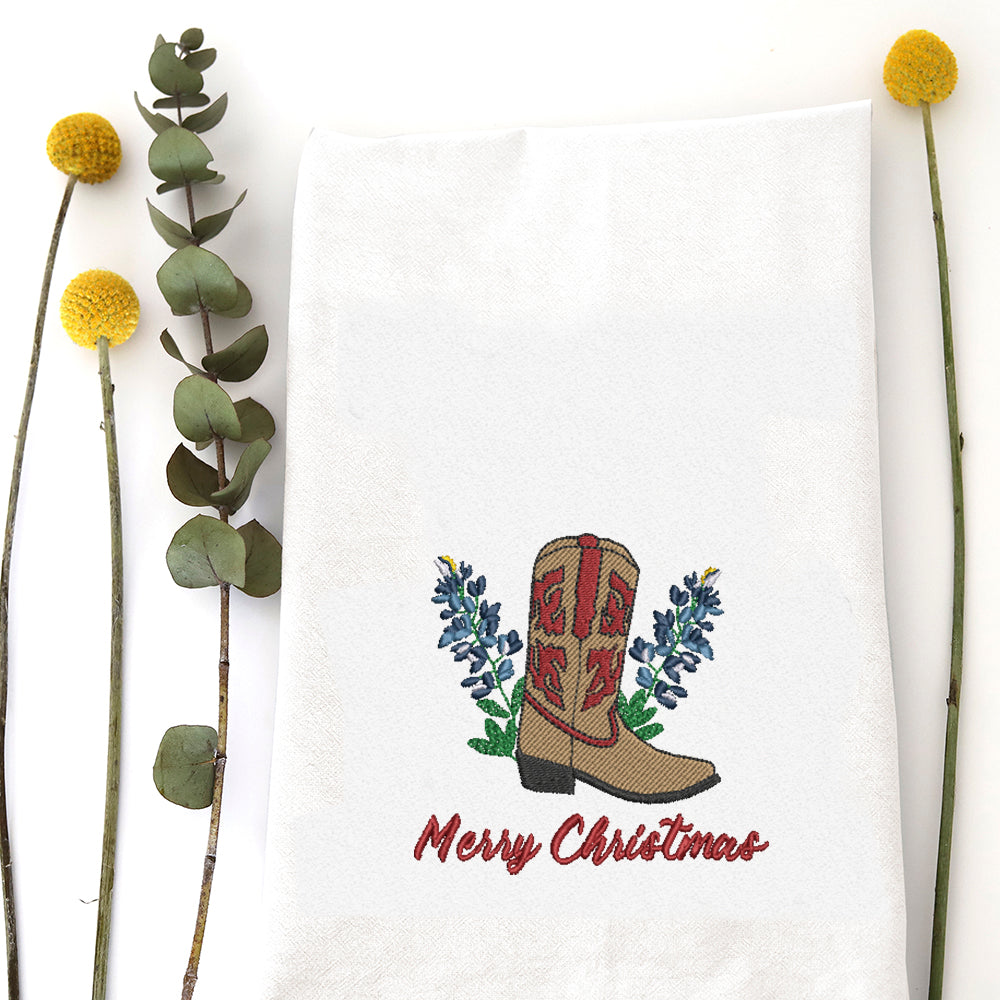 CHRISTMAS BLUEBONNET BOOT - TEA TOWEL EMB
