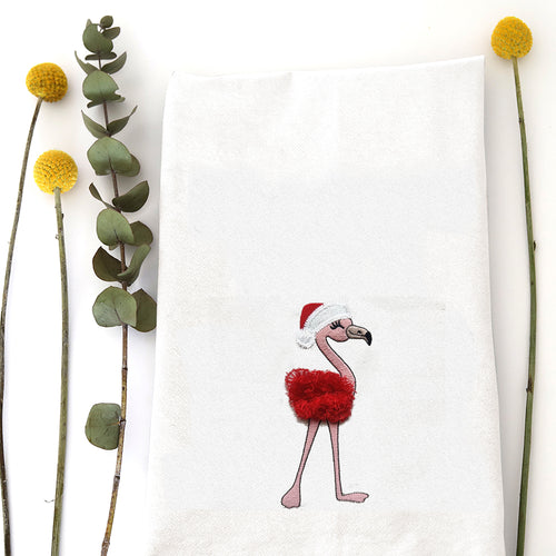 FLUFFY FLAMINGO - TEA TOWEL EMB