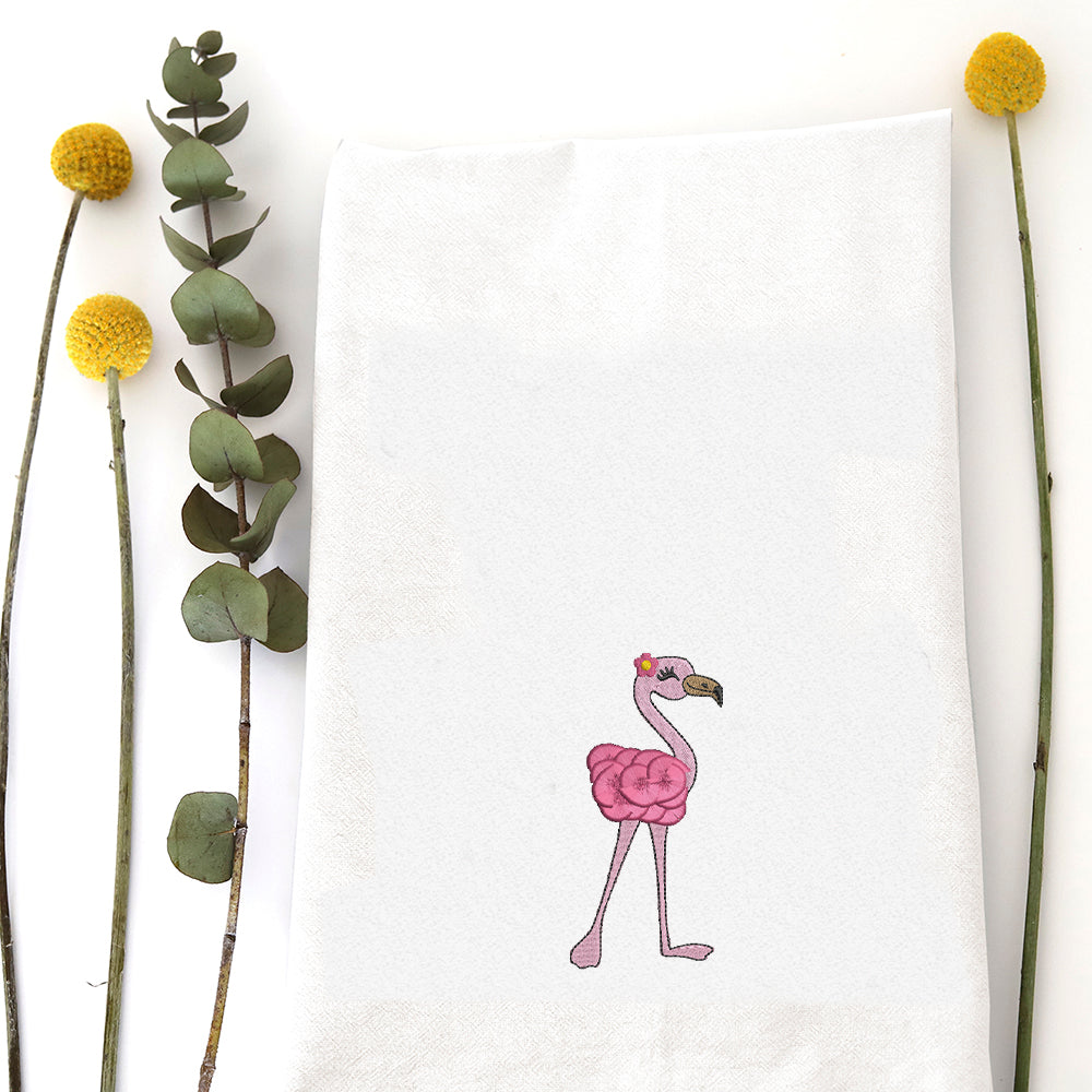 SPRING FLUFFY FLAMINGO - TEA TOWEL EMB